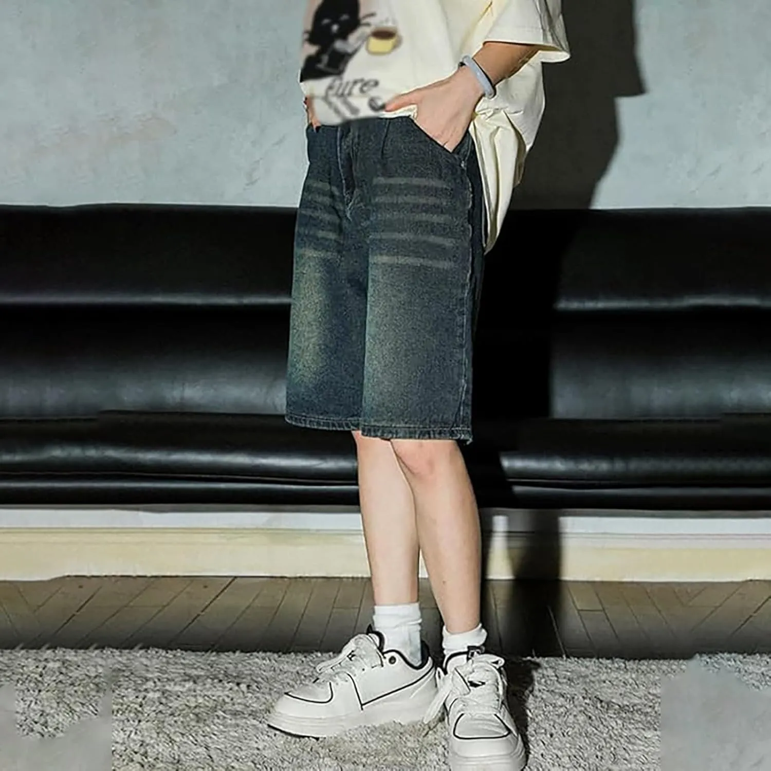 Mens Loose Denim Shorts Baggy Summer Casual Wide Leg Mid Jean Jorts Hip Hop Shorts with Pockets Streetwear