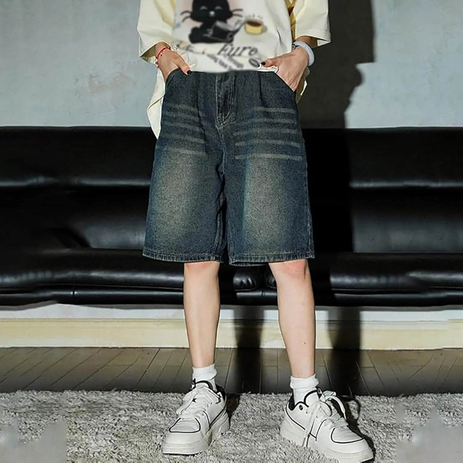 Mens Loose Denim Shorts Baggy Summer Casual Wide Leg Mid Jean Jorts Hip Hop Shorts with Pockets Streetwear