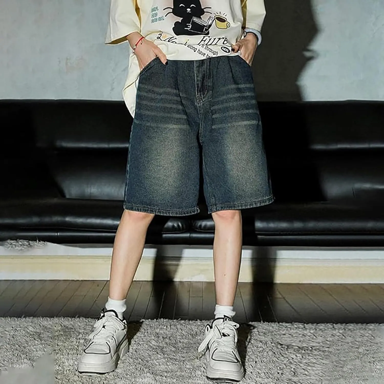 Mens Loose Denim Shorts Baggy Summer Casual Wide Leg Mid Jean Jorts Hip Hop Shorts with Pockets Streetwear