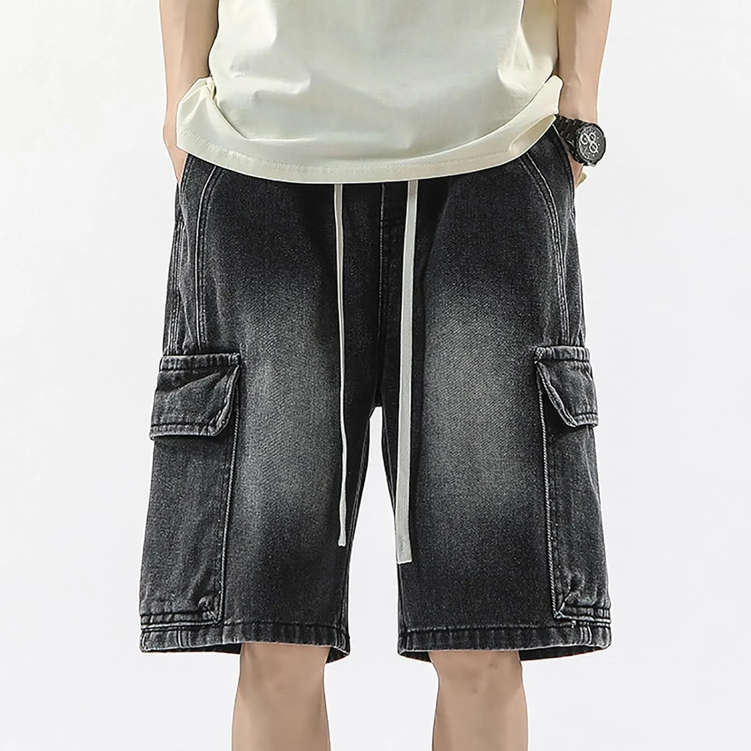 Men's Loose Fit Hip Hop Long Jean Shorts Work Denim Shorts with Pockets Skateboard Trendy Outfits