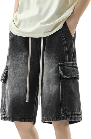 Men's Loose Fit Hip Hop Long Jean Shorts Work Denim Shorts with Pockets Skateboard Trendy Outfits