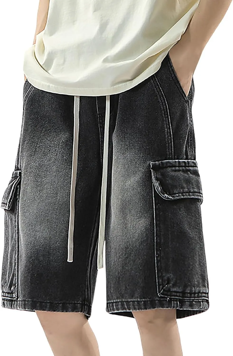 Men's Loose Fit Hip Hop Long Jean Shorts Work Denim Shorts with Pockets Skateboard Trendy Outfits