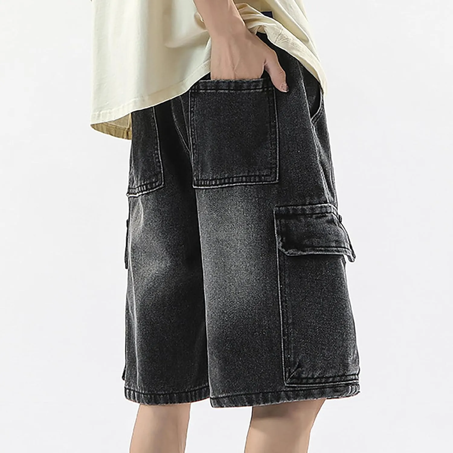 Men's Loose Fit Hip Hop Long Jean Shorts Work Denim Shorts with Pockets Skateboard Trendy Outfits