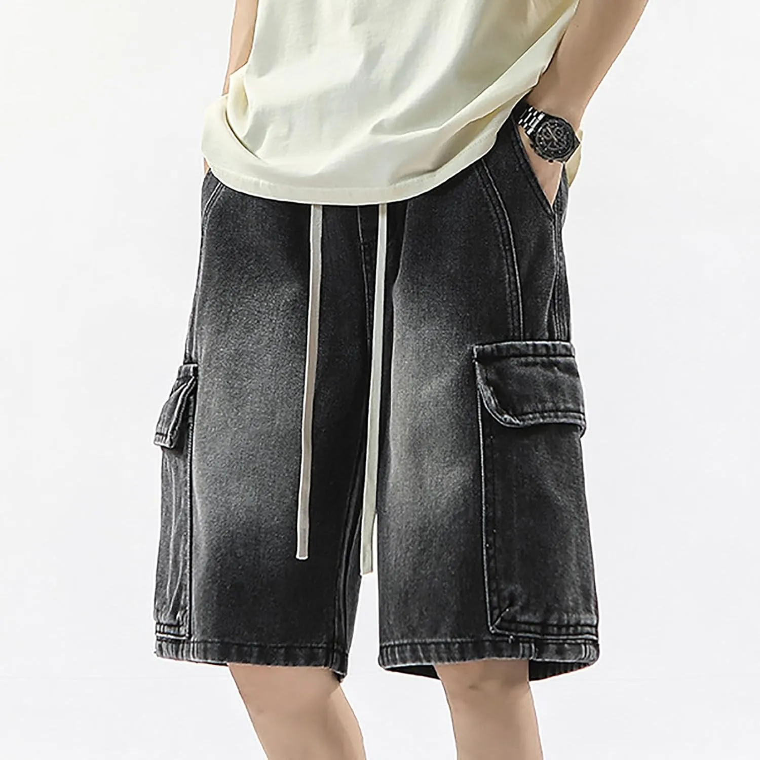 Men's Loose Fit Hip Hop Long Jean Shorts Work Denim Shorts with Pockets Skateboard Trendy Outfits