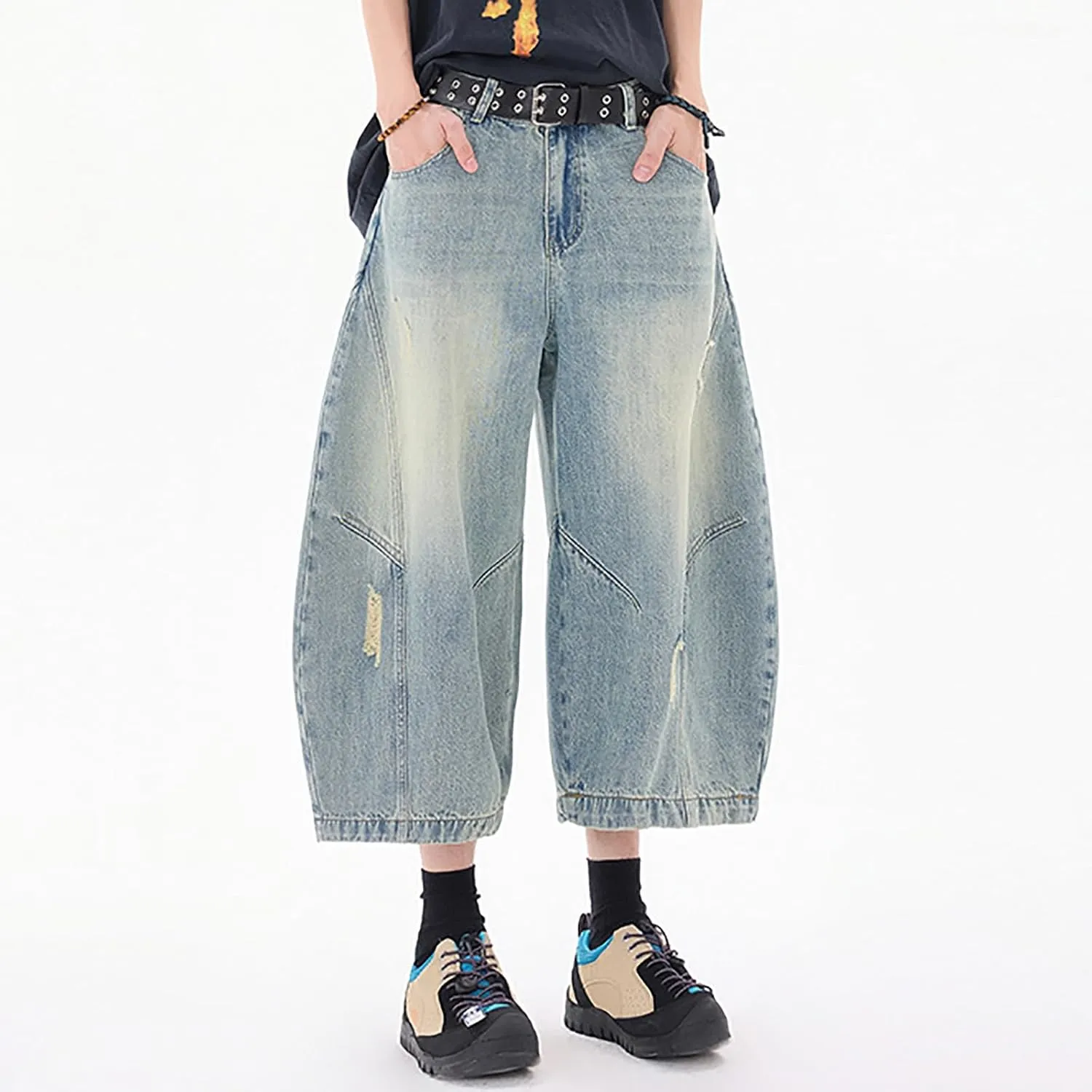 Men's Loose Y2K Hip Hop Mid Jean Shorts Baggy Denim Shorts with Pockets Skateboard Streetwear Clothes