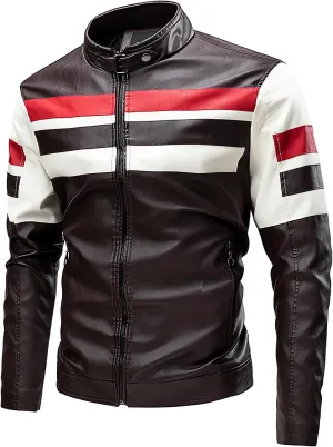 Mens Motorcycle Jacket Stand Collar Faux Leather Racing Jackets Lightweight Color Block Biker Coat