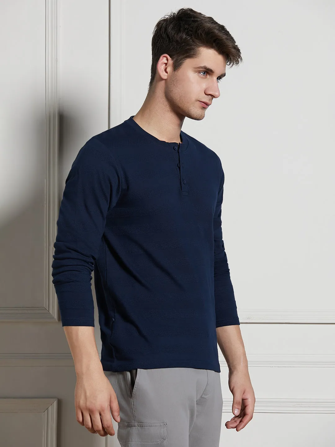 Men's Navy Cotton Regular Fit Textured Henley Neck T-Shirt