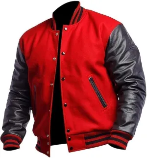 Men's Varsity Jacket Genuine Leather Sleeve Wool Blend Letterman Jacket - High School Baseball Bomber Jackets