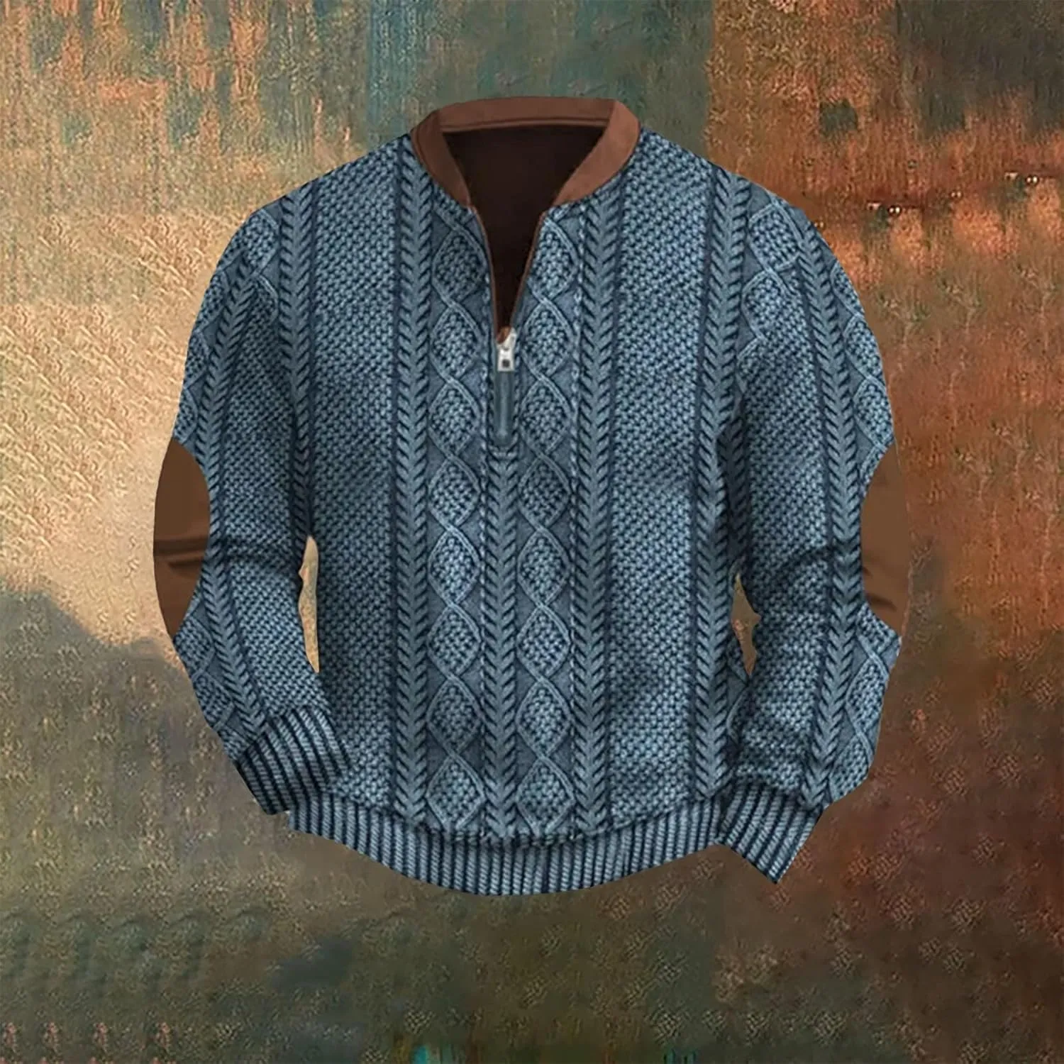 Men's Vintage Knit Print Zip-Up Sweatshirt Casual Long Sleeve Stand Collar Button Pullover Sweatshirts