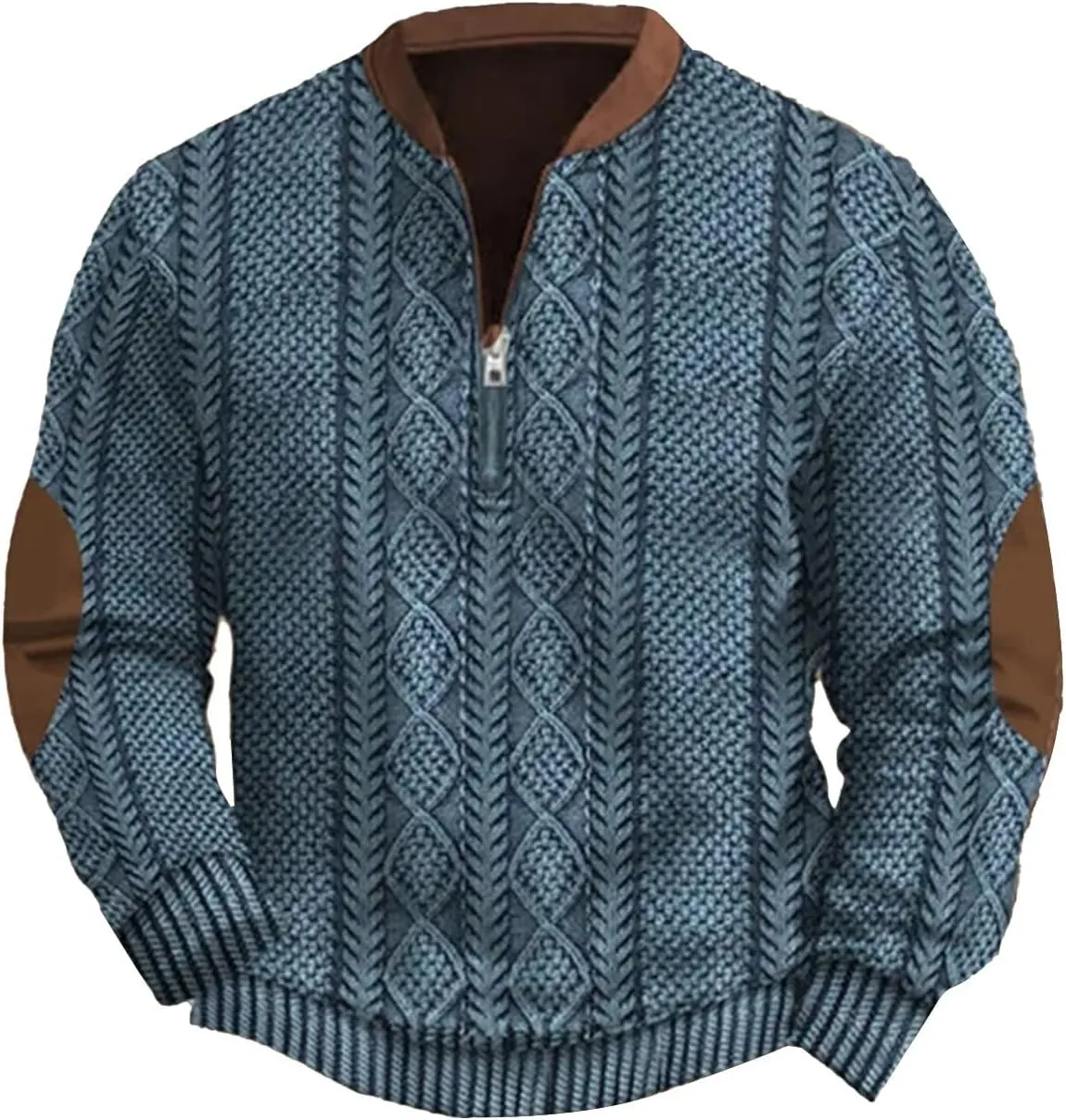 Men's Vintage Knit Print Zip-Up Sweatshirt Casual Long Sleeve Stand Collar Button Pullover Sweatshirts