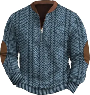 Men's Vintage Knit Print Zip-Up Sweatshirt Casual Long Sleeve Stand Collar Button Pullover Sweatshirts