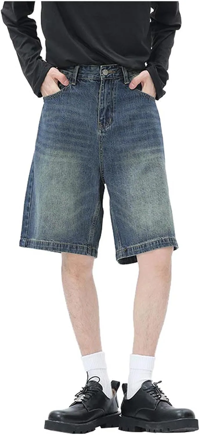 Men's Wide Leg Y2K Hip Hop Long Jean Shorts Work Denim Shorts with Pockets Summer Casual Streetwear