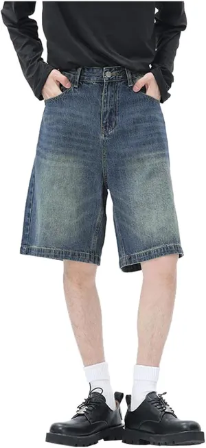Men's Wide Leg Y2K Hip Hop Long Jean Shorts Work Denim Shorts with Pockets Summer Casual Streetwear