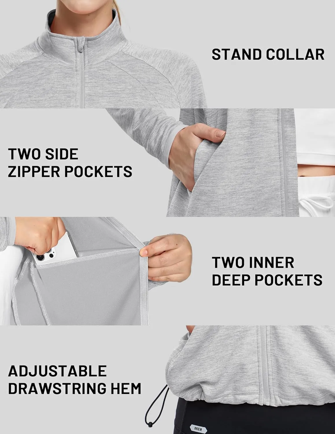 MIER Womens Athletic Jackets Light Weight Cropped Zip Up Workout Running Jacket UPF 50  Full Zip UV Shirts with Pockets