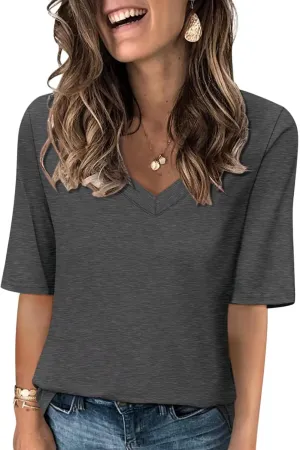 Minetom Women's V Neck T Shirts Casual Half Sleeve Tops Basic Summer Tees