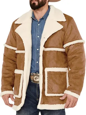Muscularfit Mens Shearling Leather Coat Vintage Long Sleeve Faux Suede Sherpa Lined Sheepskin Pea Jackets Collar Outwear Coat