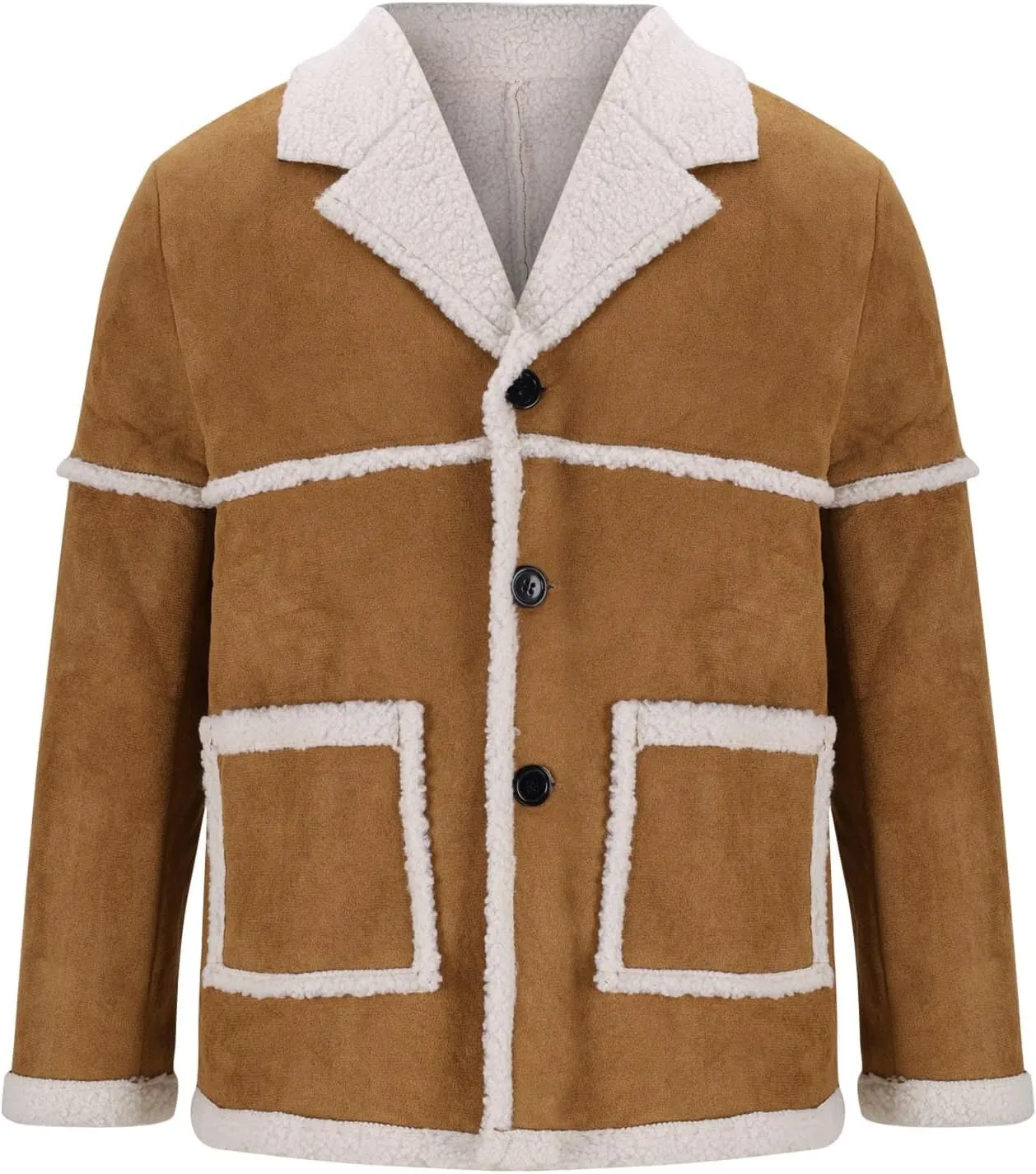 Muscularfit Mens Shearling Leather Coat Vintage Long Sleeve Faux Suede Sherpa Lined Sheepskin Pea Jackets Collar Outwear Coat