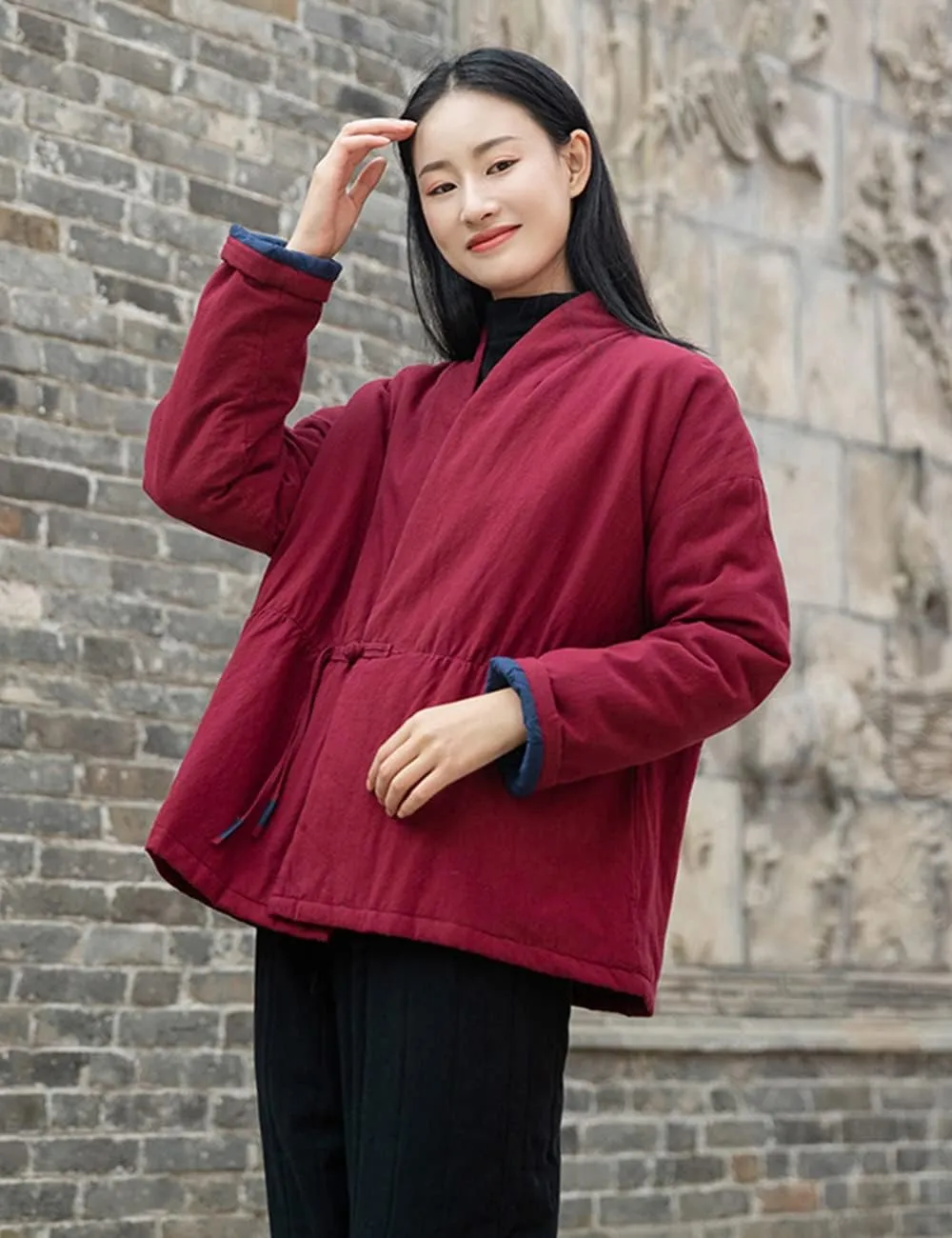 NFYM Women Winter Coats Linen Cotton Padded Clothes Chinese Hanfu Buttons V-neck Short Quilted Jacket Coat Outerwear