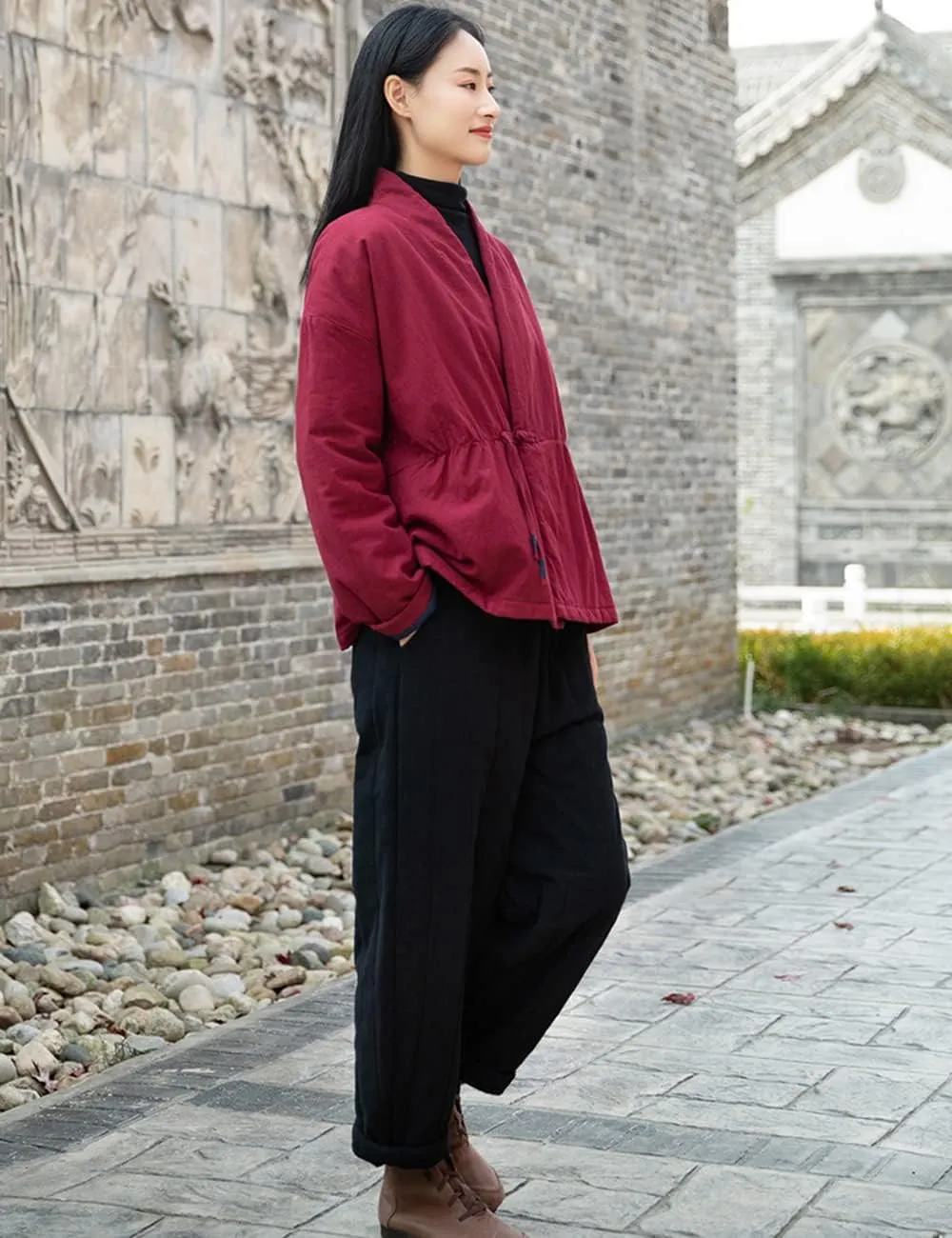 NFYM Women Winter Coats Linen Cotton Padded Clothes Chinese Hanfu Buttons V-neck Short Quilted Jacket Coat Outerwear