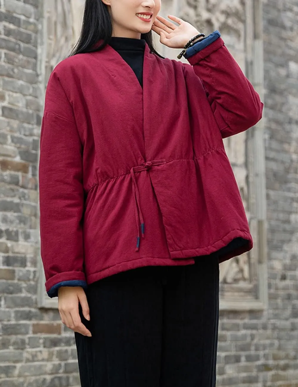 NFYM Women Winter Coats Linen Cotton Padded Clothes Chinese Hanfu Buttons V-neck Short Quilted Jacket Coat Outerwear