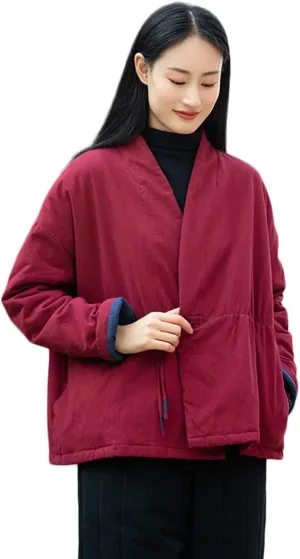 NFYM Women Winter Coats Linen Cotton Padded Clothes Chinese Hanfu Buttons V-neck Short Quilted Jacket Coat Outerwear