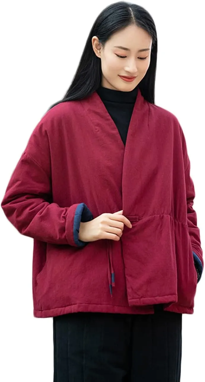 NFYM Women Winter Coats Linen Cotton Padded Clothes Chinese Hanfu Buttons V-neck Short Quilted Jacket Coat Outerwear
