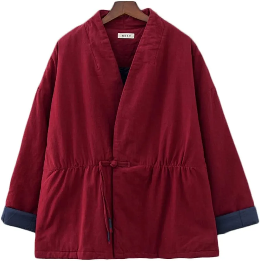 NFYM Women Winter Coats Linen Cotton Padded Clothes Chinese Hanfu Buttons V-neck Short Quilted Jacket Coat Outerwear