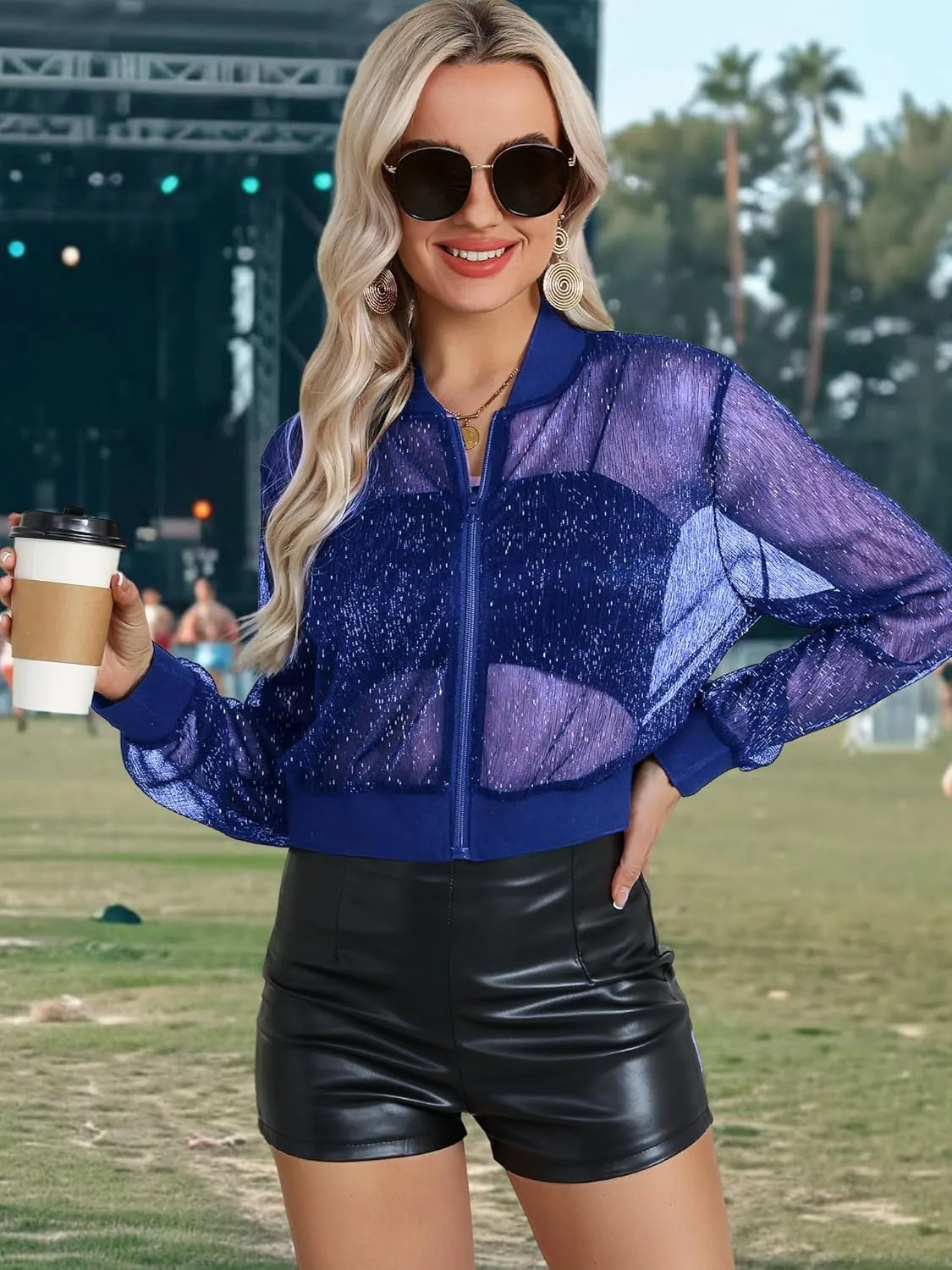 Nlife Women Sheer Mesh Sparkly Bomber Jackets See Thru Glitter Shiny Rave Lightweight Zip Up Crop Jacket Outwear