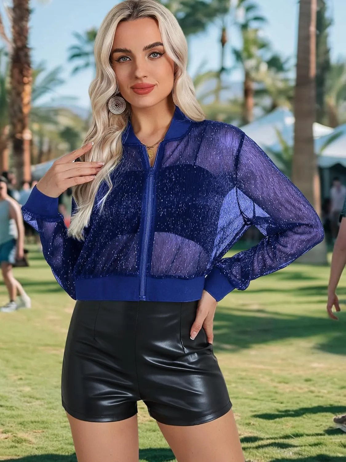 Nlife Women Sheer Mesh Sparkly Bomber Jackets See Thru Glitter Shiny Rave Lightweight Zip Up Crop Jacket Outwear