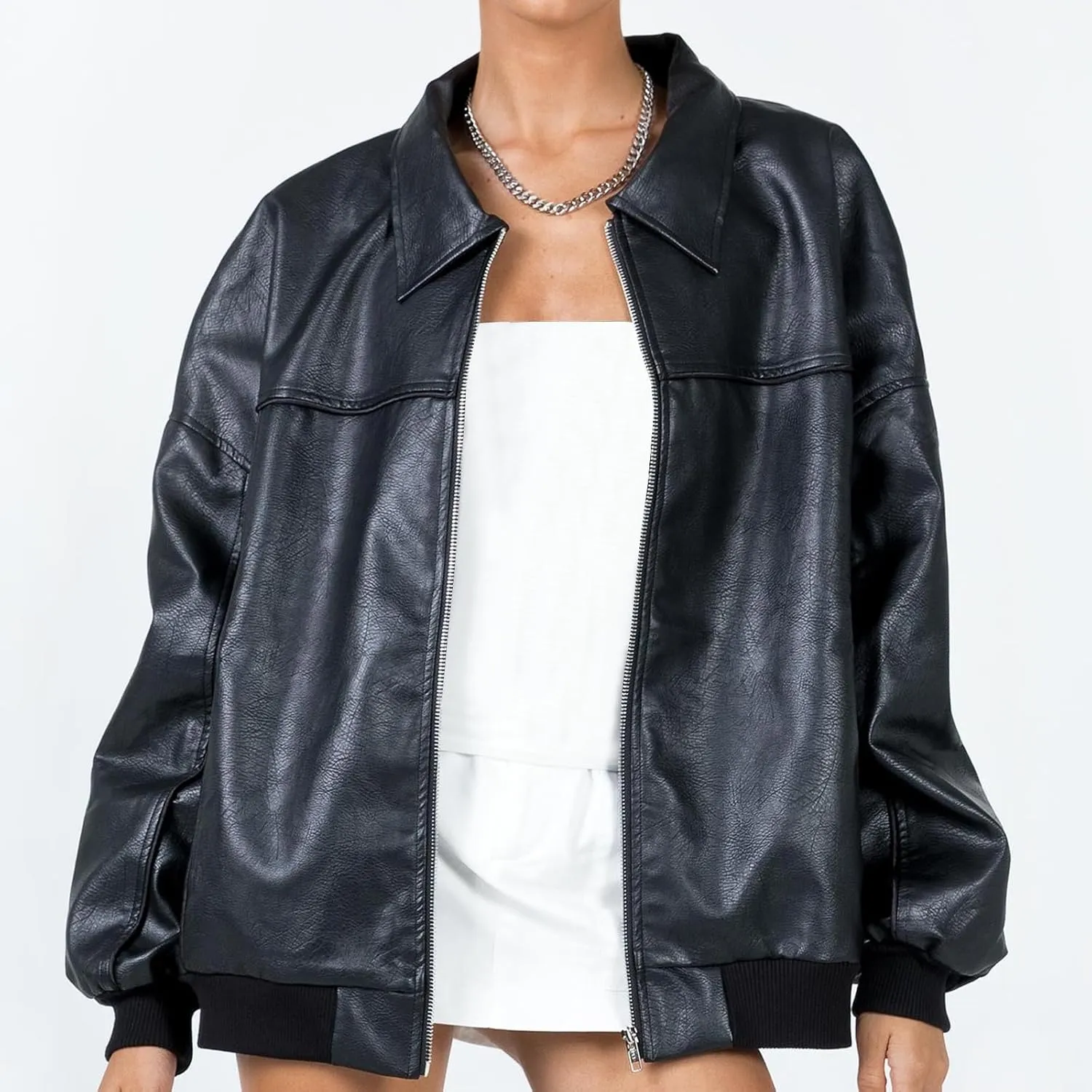Owl's-Yard Women Leather Biker Jacket Long Sleeves Zip Up Motorcycle Jacket PU Moto Varsity Bomber Jackets Streetwear