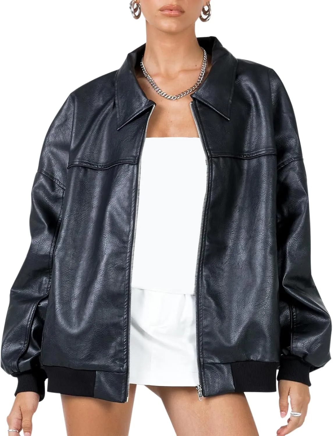 Owl's-Yard Women Leather Biker Jacket Long Sleeves Zip Up Motorcycle Jacket PU Moto Varsity Bomber Jackets Streetwear
