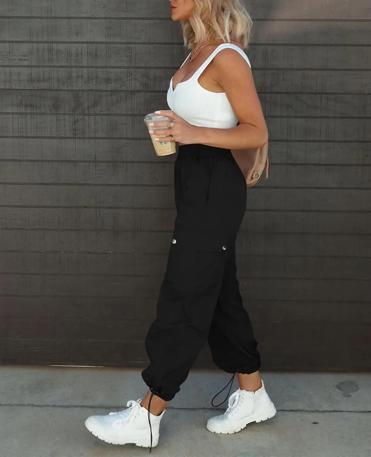 Parachute Pants for Women, Elastic High Waist Y2k Cargo Pants Women Baggy with 4 Pockets