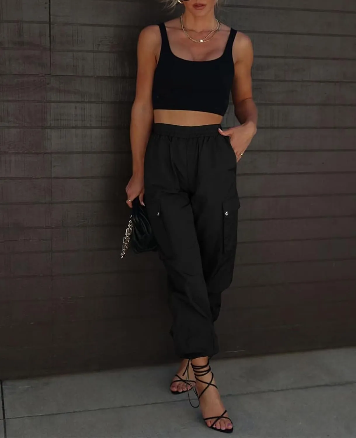 Parachute Pants for Women, Elastic High Waist Y2k Cargo Pants Women Baggy with 4 Pockets