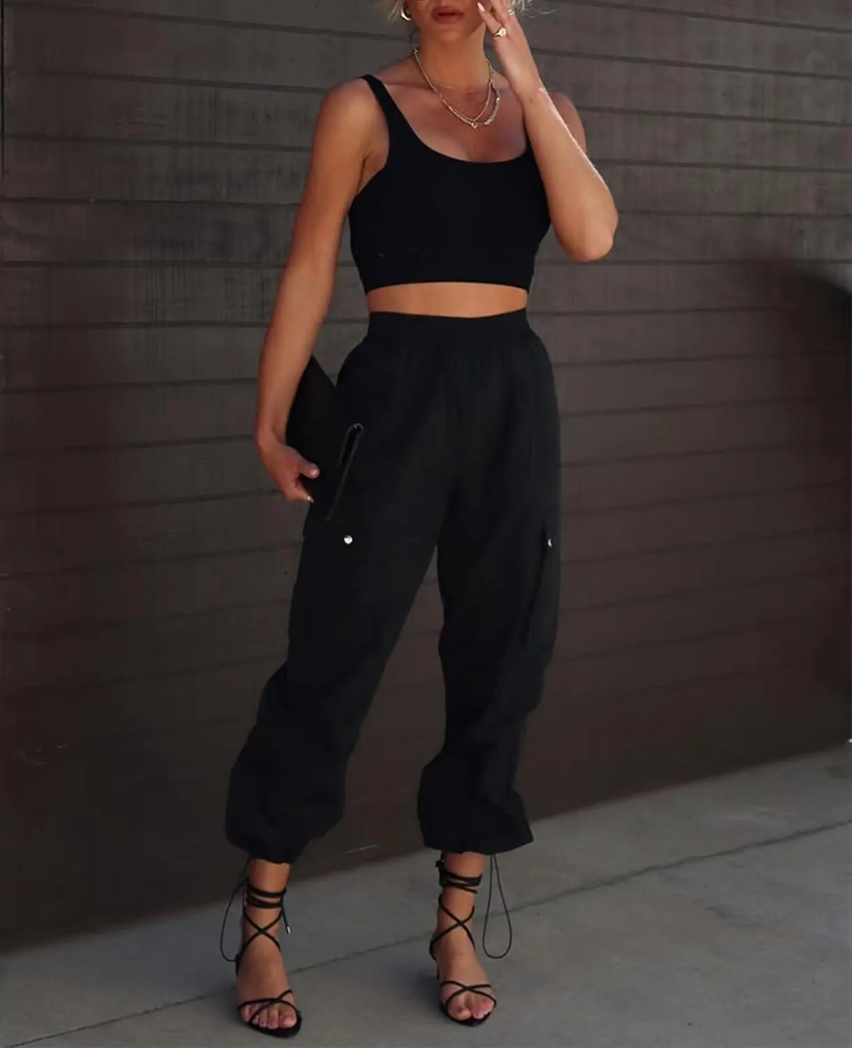 Parachute Pants for Women, Elastic High Waist Y2k Cargo Pants Women Baggy with 4 Pockets