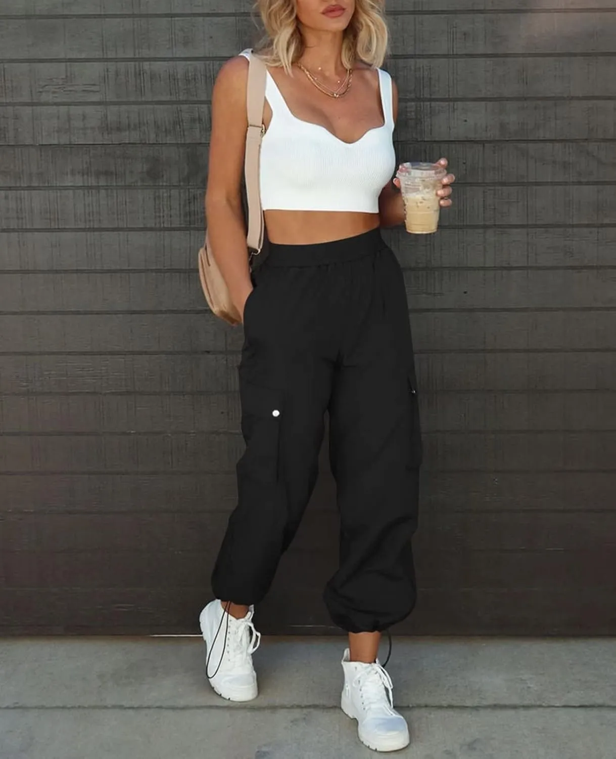 Parachute Pants for Women, Elastic High Waist Y2k Cargo Pants Women Baggy with 4 Pockets