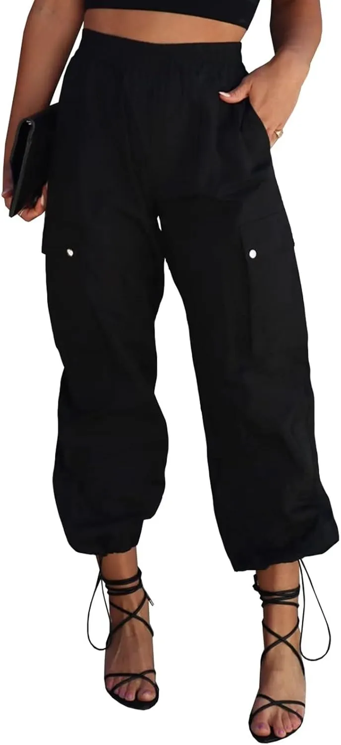 Parachute Pants for Women, Elastic High Waist Y2k Cargo Pants Women Baggy with 4 Pockets