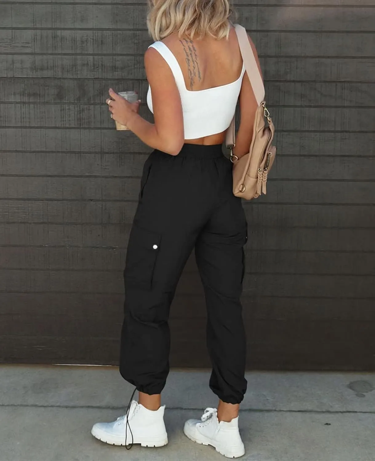 Parachute Pants for Women, Elastic High Waist Y2k Cargo Pants Women Baggy with 4 Pockets