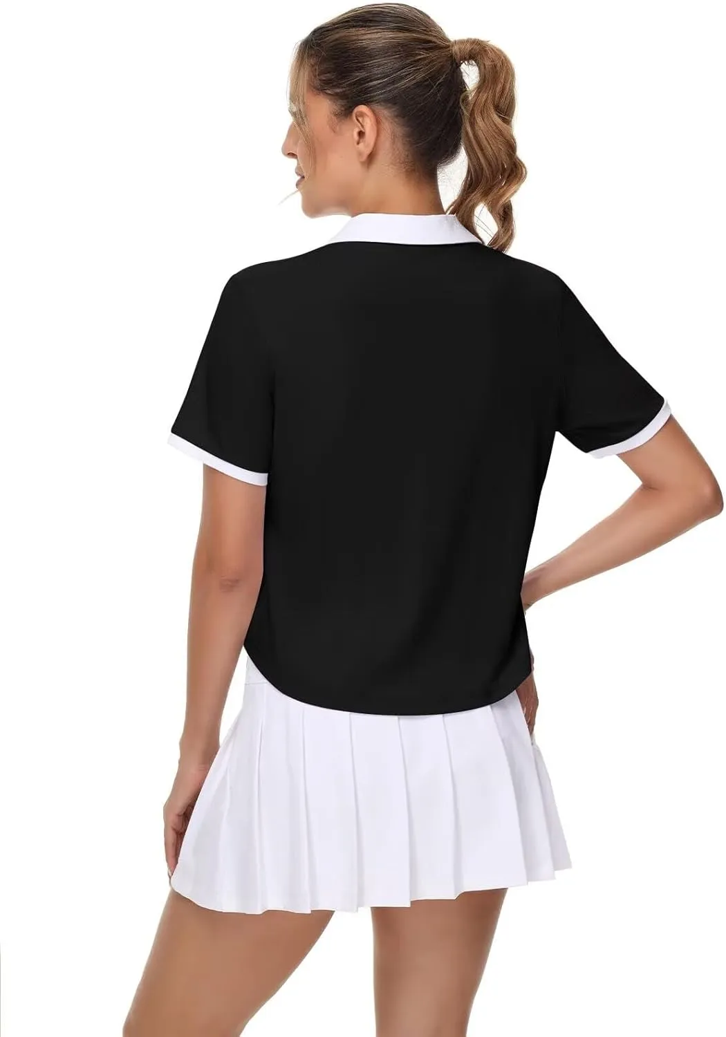 Pdbokew Women's V-Neck Polo Shirt Curved Hem Crop Tops