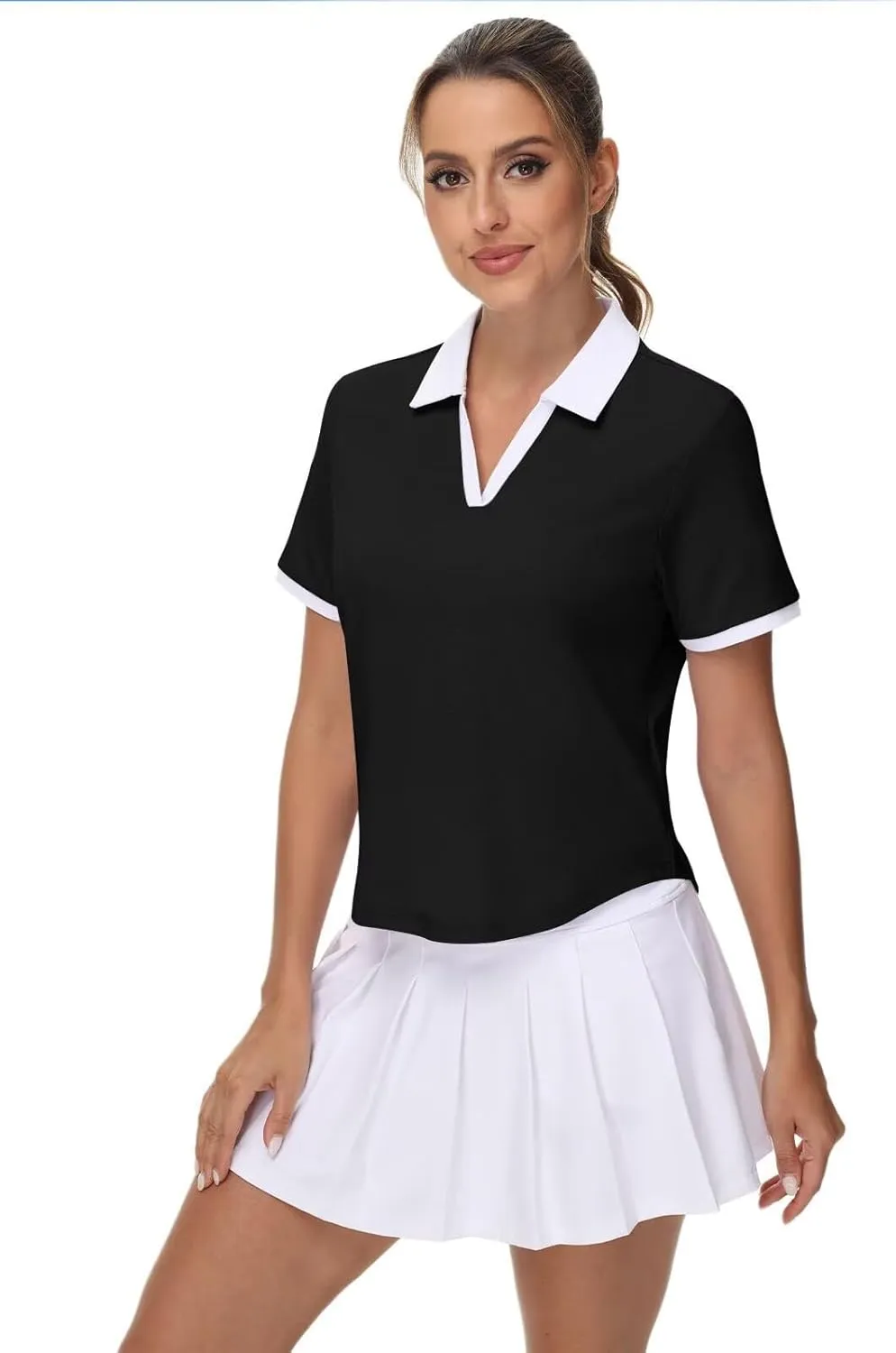 Pdbokew Women's V-Neck Polo Shirt Curved Hem Crop Tops