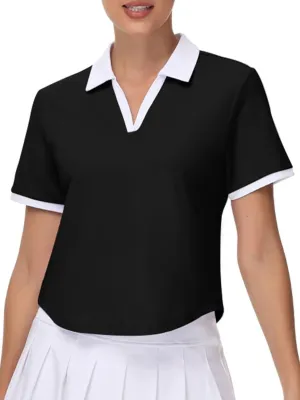 Pdbokew Women's V-Neck Polo Shirt Curved Hem Crop Tops