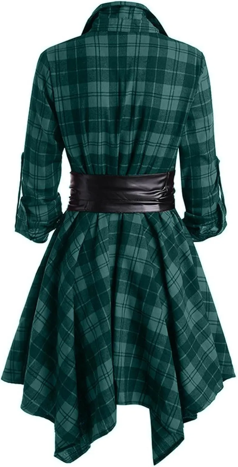 Plaid Dresses for Women Fall Long Sleeve Sleeve Dress Button Down Casual Dresses Christmas Belted Mini Shirtdress
