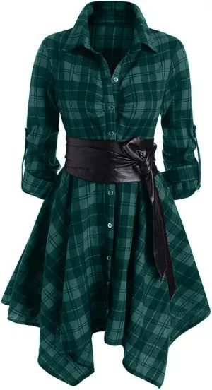 Plaid Dresses for Women Fall Long Sleeve Sleeve Dress Button Down Casual Dresses Christmas Belted Mini Shirtdress