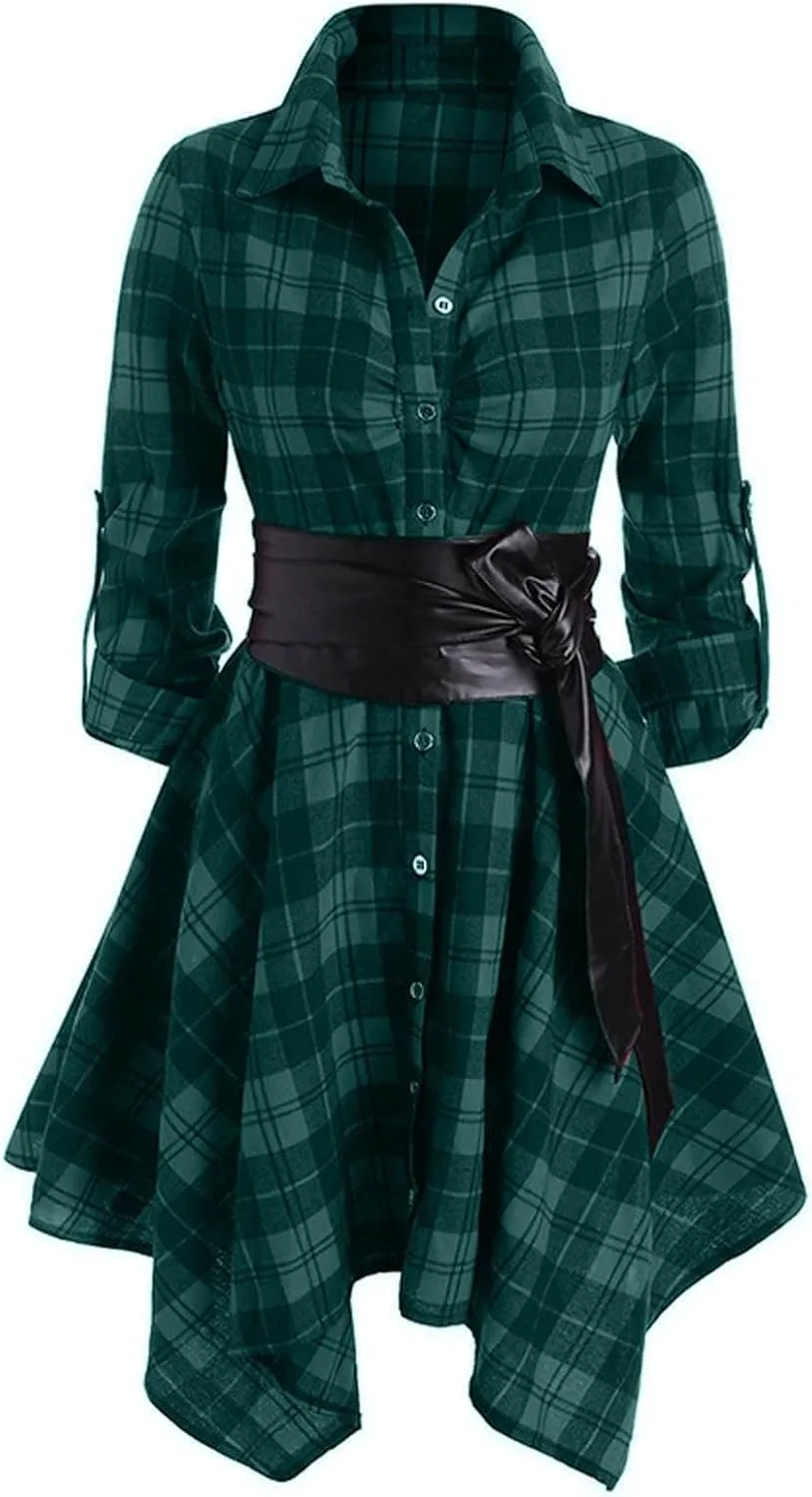 Plaid Dresses for Women Fall Long Sleeve Sleeve Dress Button Down Casual Dresses Christmas Belted Mini Shirtdress