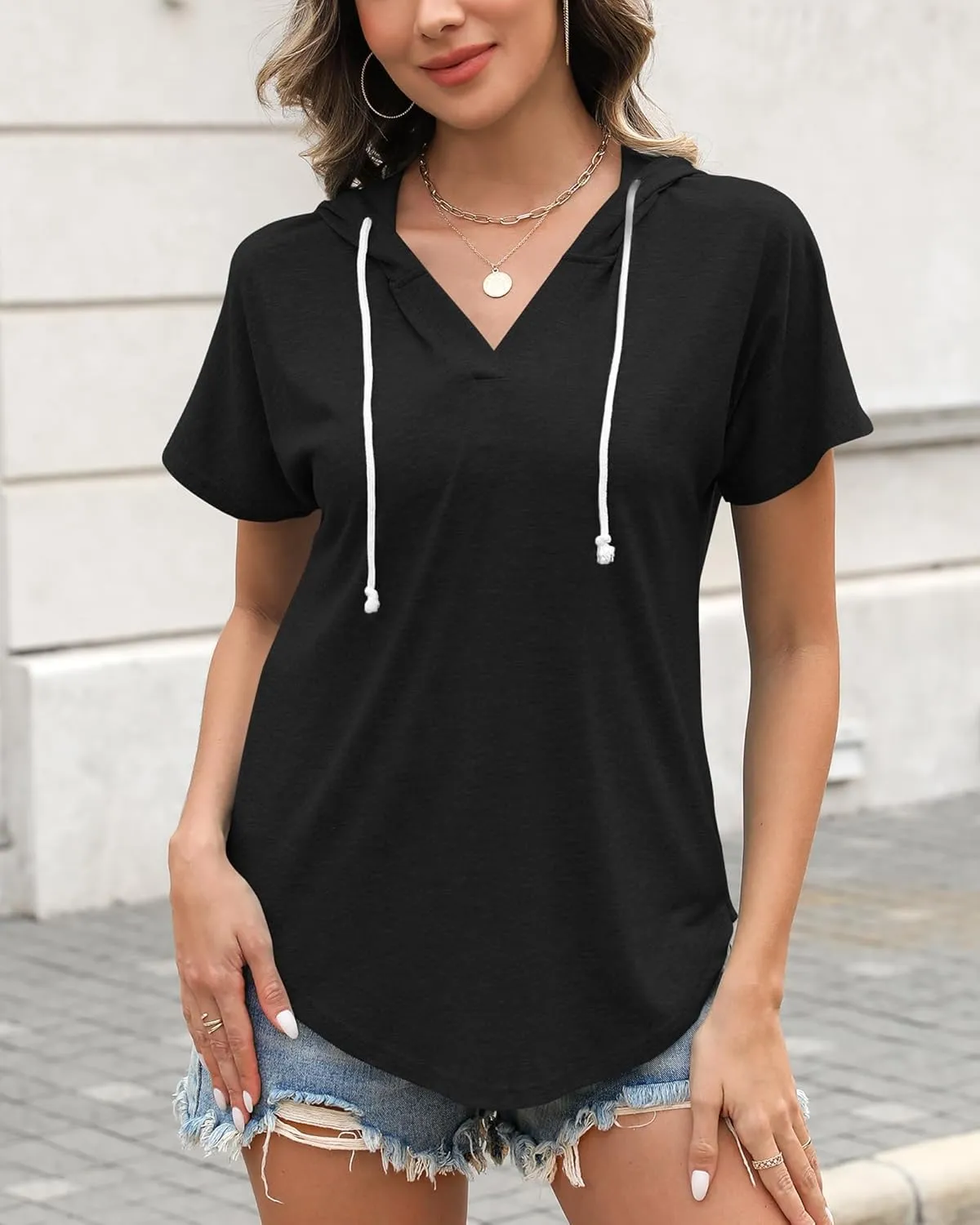 Poetsky Womens V Neck Long Short Sleeve Shirts Drawstring Hoodies Lightweight Pullover Tops