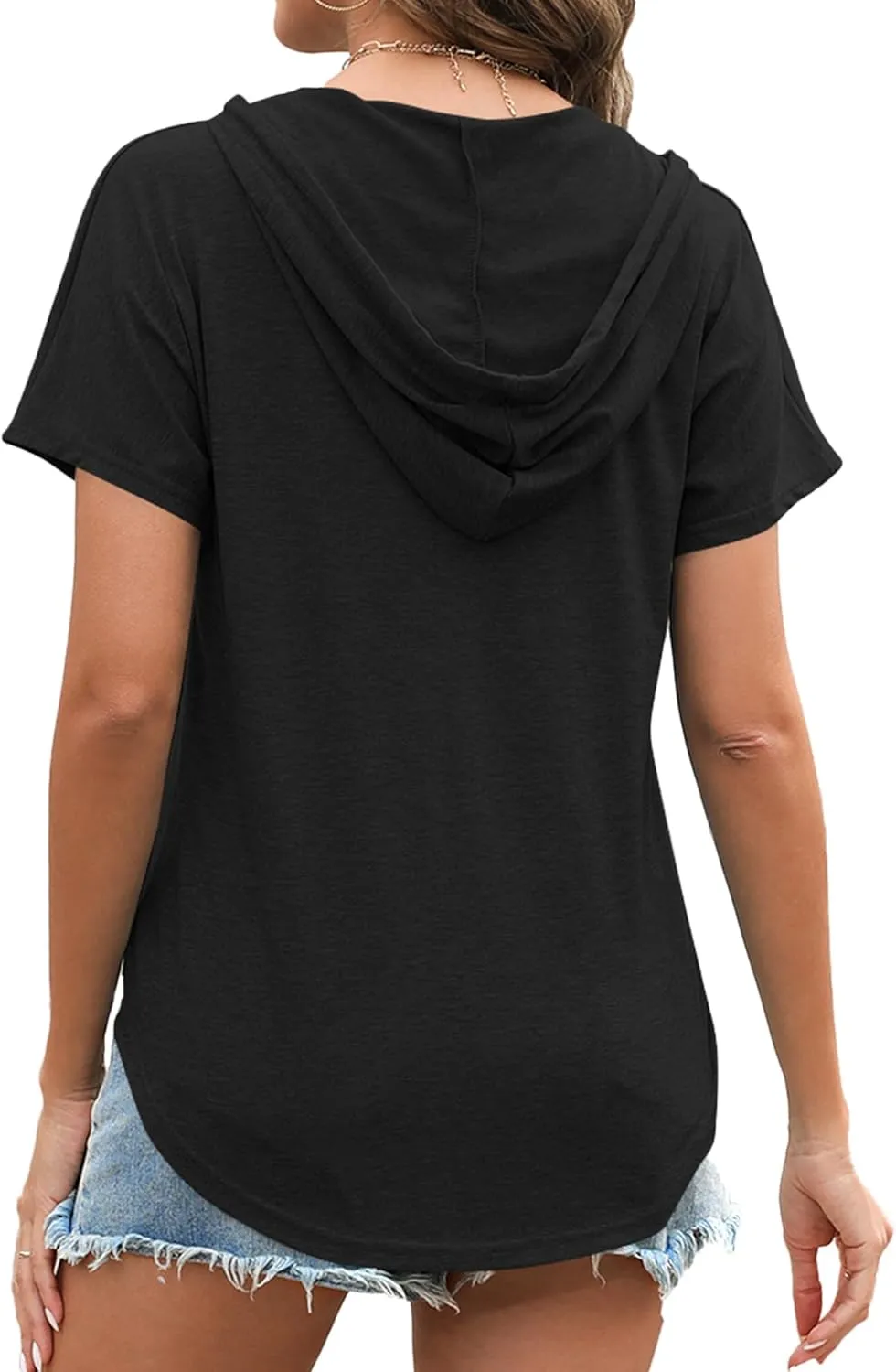 Poetsky Womens V Neck Long Short Sleeve Shirts Drawstring Hoodies Lightweight Pullover Tops