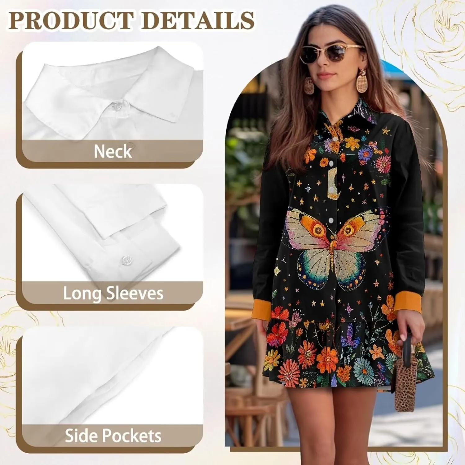 POLERO Womens Tunic Shirt Dress Long Sleeve Short Sundress Button Down V Neck Mini Dress with Pocket