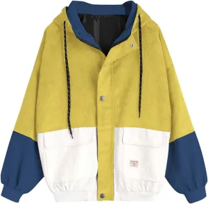 PTOLOCIF Womens Hoodies Jackets Colorblock Patchwork Coats Button up Oversized Jackets Drawstring Hooded Outwear with Pockets