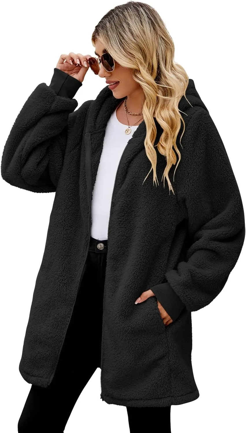 ReachMe Womens Fleece Zip Up Jacket with Pockets Oversized Long Sherpa Hoodie Fuzzy Jackets Warm Teddy Coat