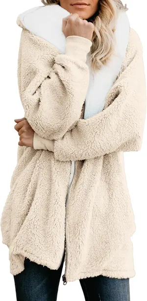 ReachMe Womens Fleece Zip Up Jacket with Pockets Oversized Long Sherpa Hoodie Fuzzy Jackets Warm Teddy Coat