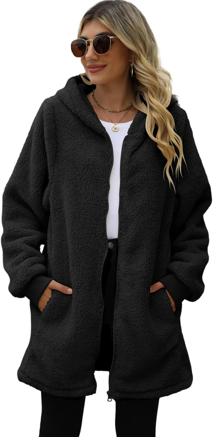 ReachMe Womens Fleece Zip Up Jacket with Pockets Oversized Long Sherpa Hoodie Fuzzy Jackets Warm Teddy Coat